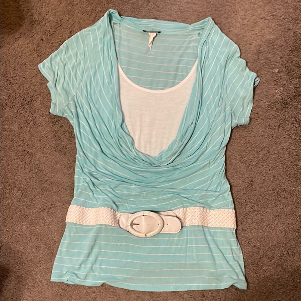 Deb Light Blue Striped Blouse with White Belt